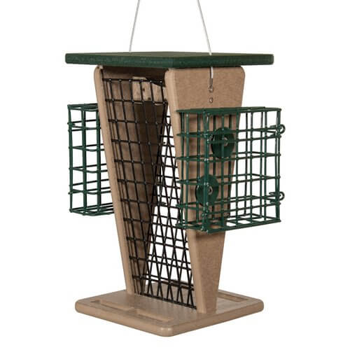 JCS Wildlife Whole Peanut Feeder with two suet cages, perfect for attracting woodpeckers and peanut-loving birds.