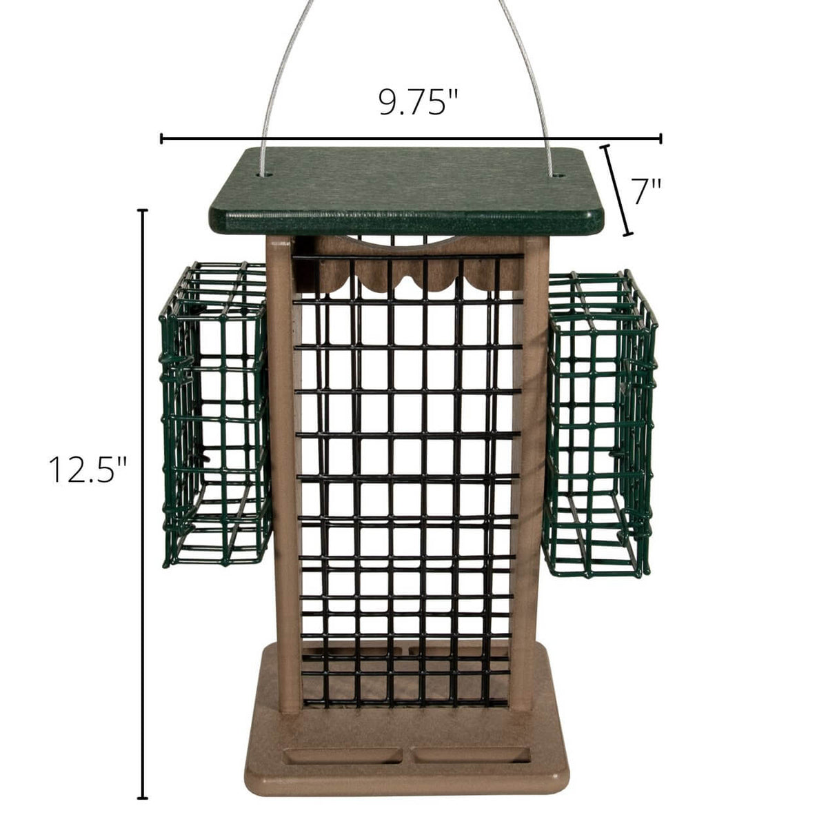 JCS Wildlife Whole Peanut Feeder with 2 suet cages, dimensions 9.75x7x12.5 inches, ideal for woodpeckers and peanut-loving birds.