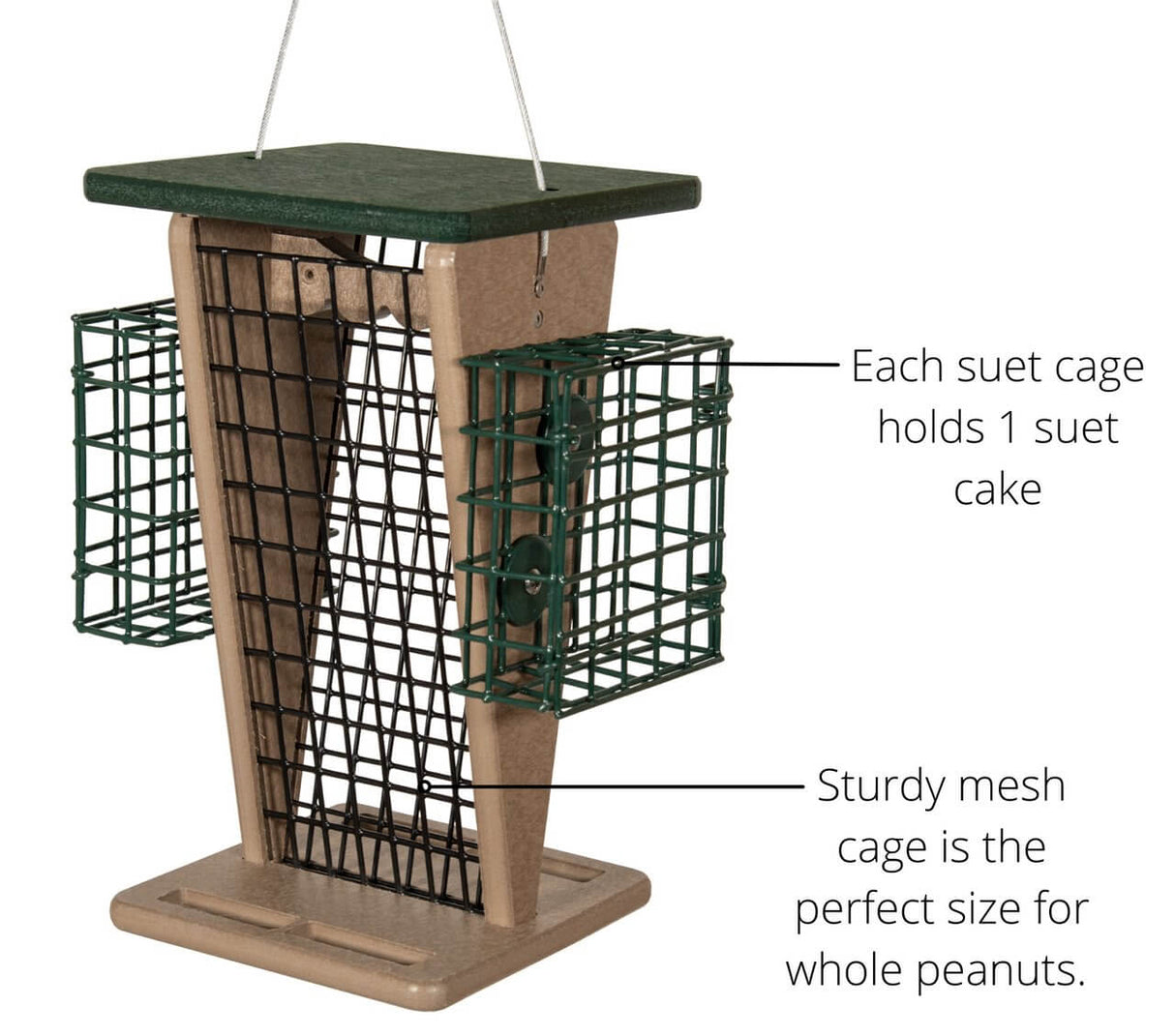 JCS Wildlife Whole Peanut Feeder with 2 suet cages, designed for woodpeckers and peanut-loving birds.
