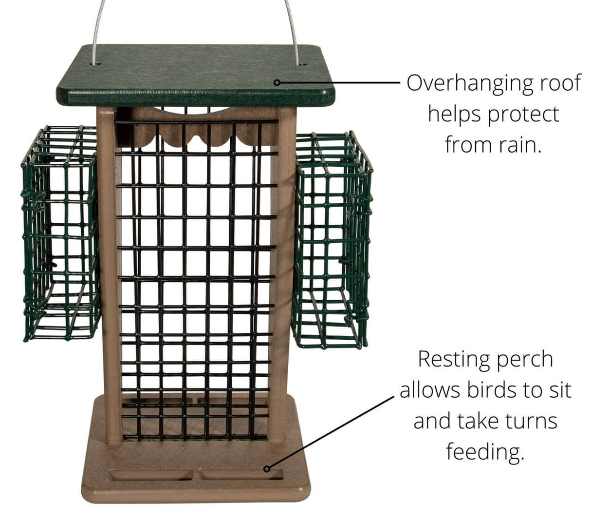 JCS Wildlife Whole Peanut Feeder featuring overhanging roof and suet cages for woodpeckers and peanut-loving birds.