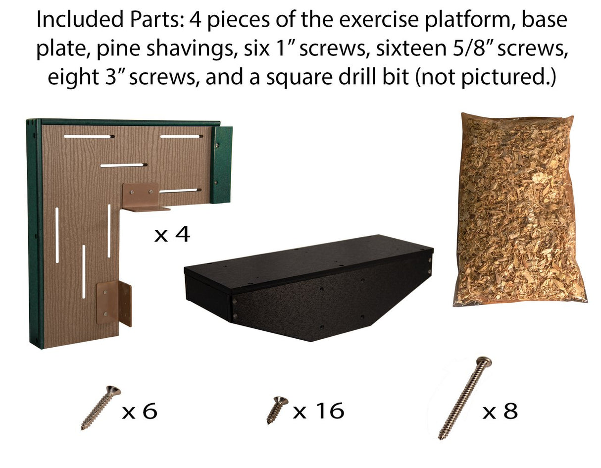 Included parts for JCs Wildlife X Large Deluxe Poly Barn Owl Box: exercise platform pieces, base plate, screws, and pine shavings.