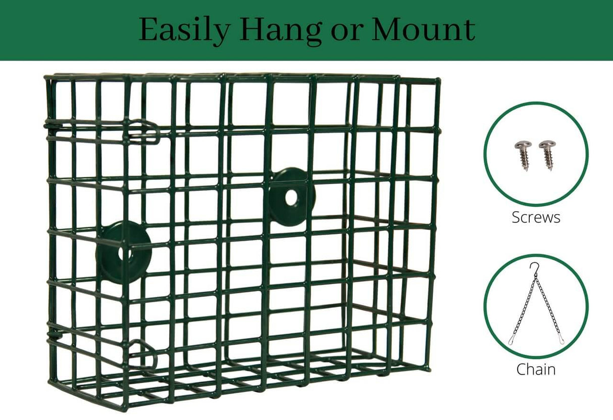 JCS Wildlife XL Suet Feeder Cage for easy hanging or mounting, featuring sturdy wire mesh construction.