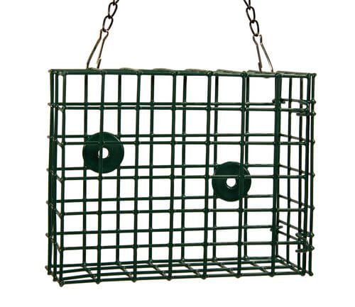 JCS Wildlife XL Suet Feeder Cage made of sturdy PVC coated wire mesh with perching areas for birds.