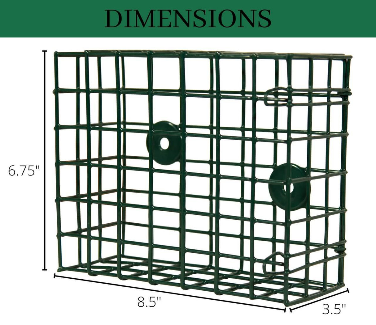 Dimensions of JCS Wildlife XL Suet Feeder Cage, 6.75" x 8.5" x 3.5" for bird feeding.