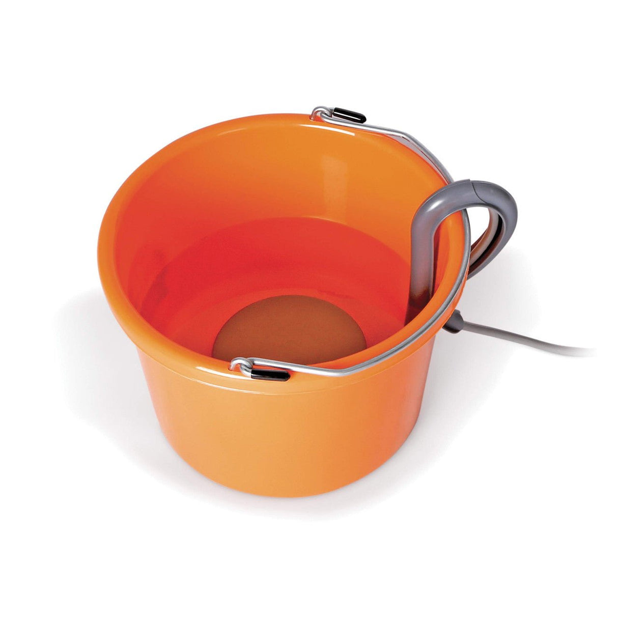 K&H 80 Watt Perfect Bucket Heater in gray heating an orange plastic pail with a 57 inch cord