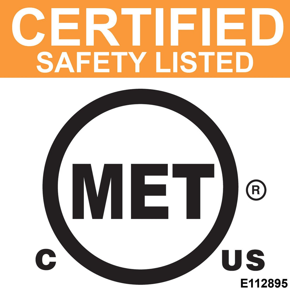 Certified Safety Listed MET C US logo with E112895 certification code