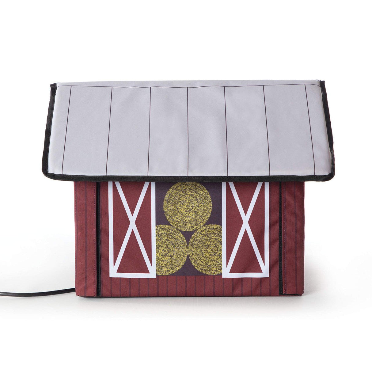 K&H Outdoor Heated Kitty House Barn in red and grey, designed for warmth and protection for cats in barns, garages, porches, and outdoor areas.