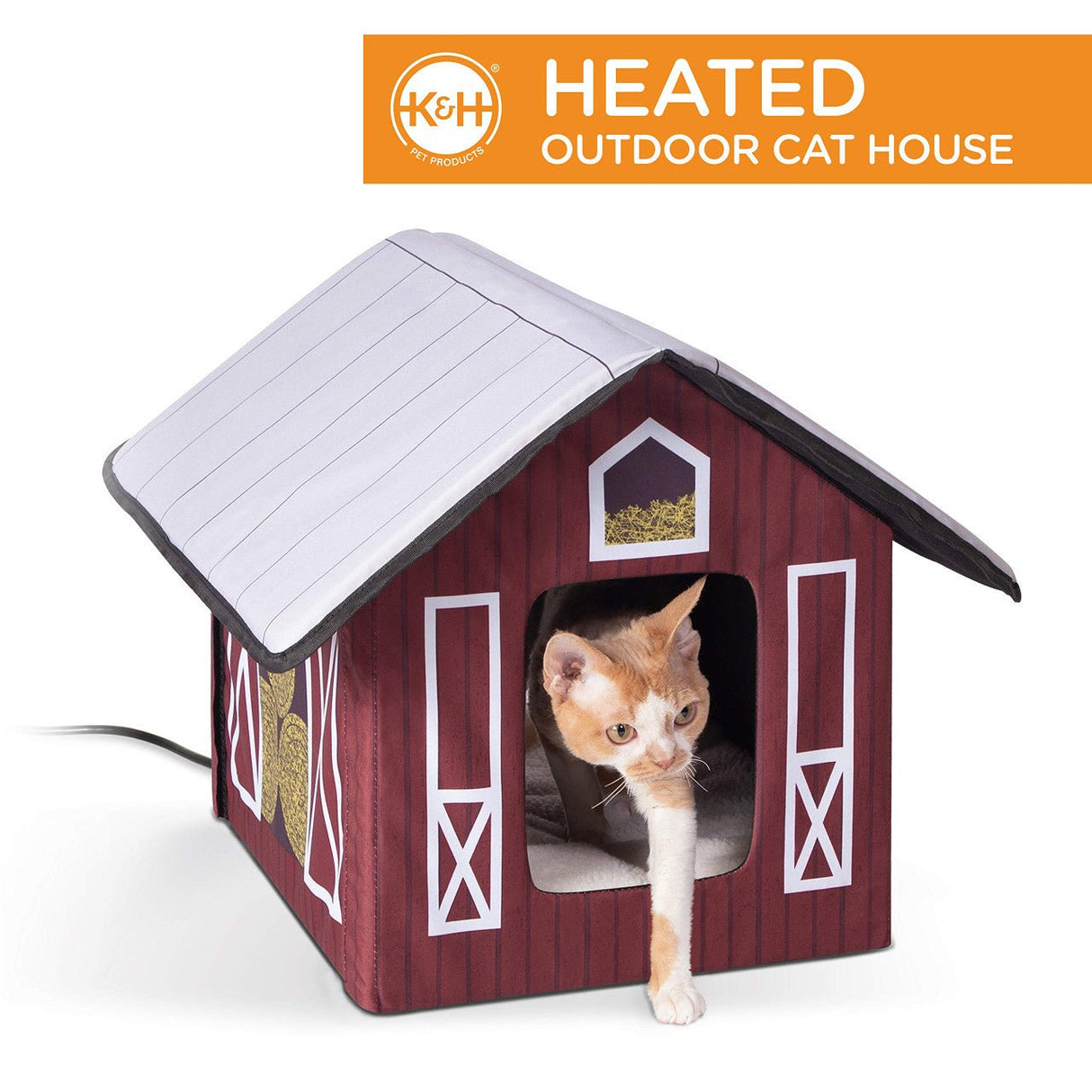 Heated K&H Outdoor Kitty House Barn with a cat inside, providing warmth and comfort for indoor/outdoor pets.