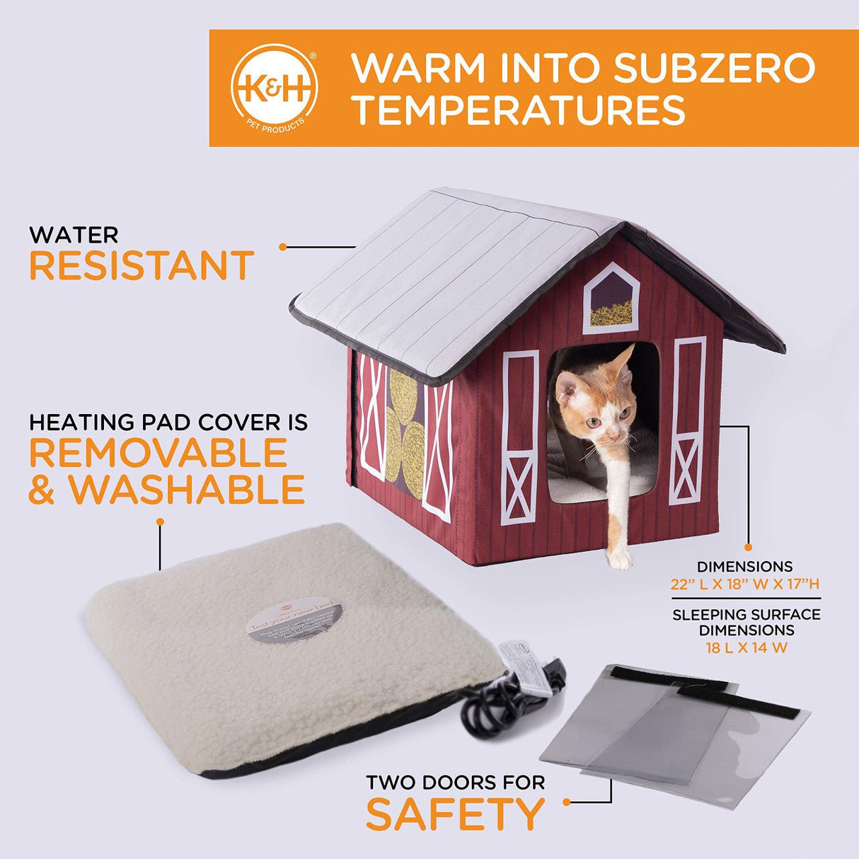 K&H Outdoor Heated Kitty House Barn with cat walking out, heating pad, and water-resistant, removable, and washable cover.