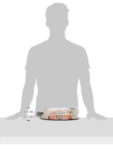 K&H Pet Products Stainless Steel Heated Pet Bowl, 120 Ounces, on display with size comparison to a person.