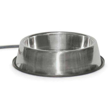 Stainless steel heated pet bowl with thermostatic control to prevent freezing, 120 ounces capacity, 25 watts.