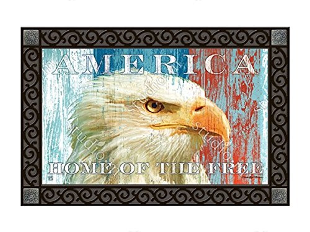 Decorative outdoor mat with bald eagle design and "America Home of the Free" text, made from recycled rubber and fade-resistant polyester