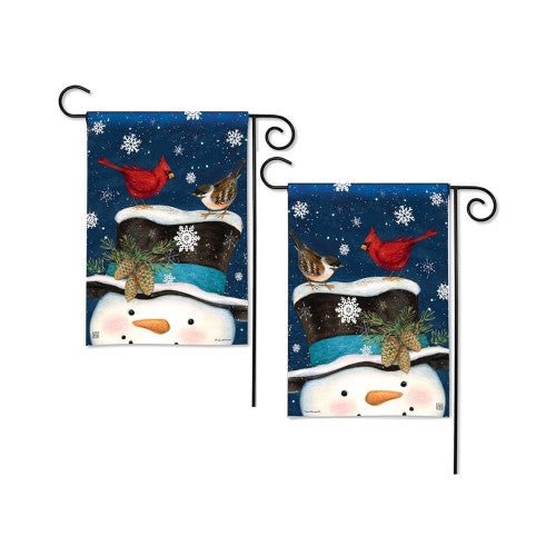 Winter-themed garden flag with snowman, cardinals, and snowflakes, printed on durable SolarSilk polyester.
