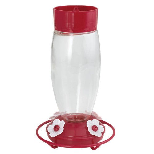 More Birds Deluxe Glass Hummingbird Feeder 30 oz with built-in ant moat and removable ring perch featuring bee-resistant flower ports.