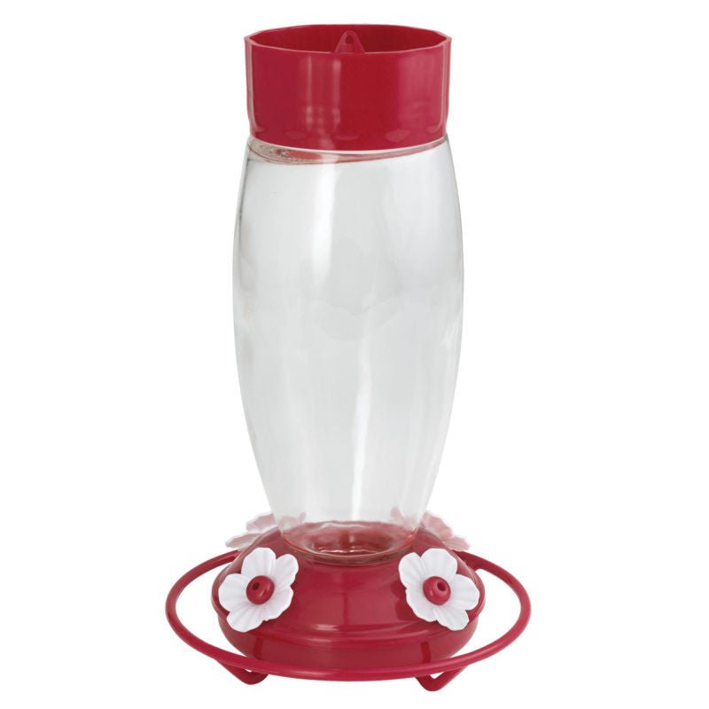 More Birds Deluxe Glass Hummingbird Feeder, 30 oz with ant moat and 4 bee-resistant flower ports for outdoor nectar feeding