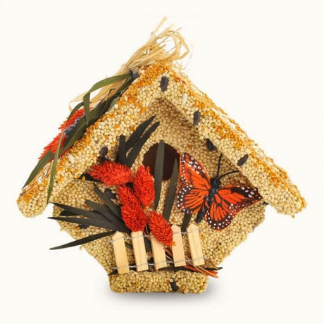 Mr. Bird All Season Wren Casita birdhouse with seeds, butterflies, and flowers for backyard birds. Birdhouse and seed feeder combo, 1.5 lbs.