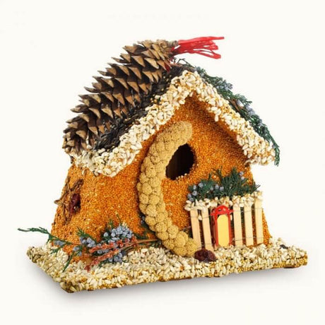 Bird seed covered wooden birdhouse with pinecone roof and festive decorations for backyard birds.