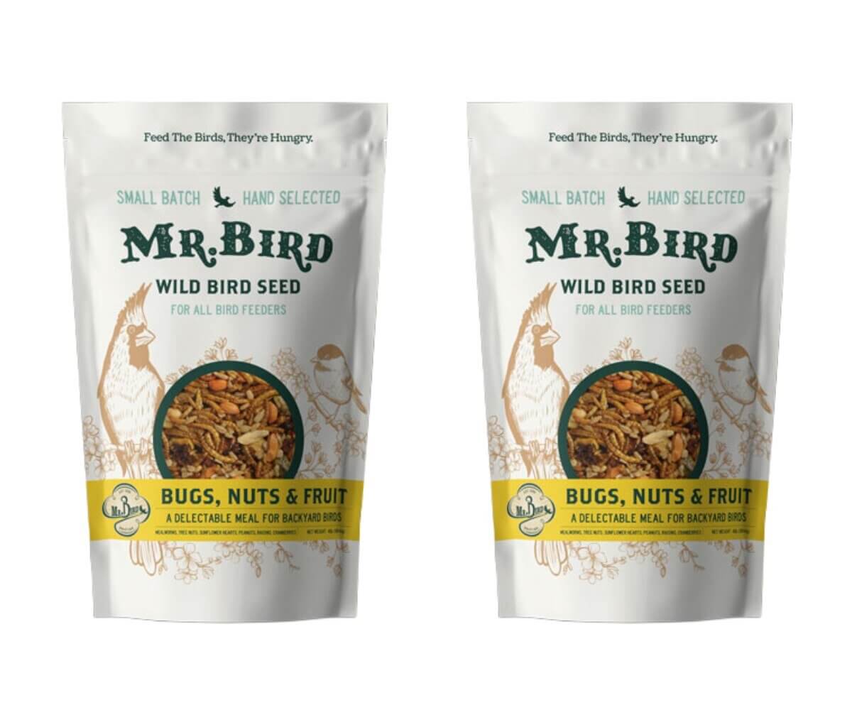 Mr. Bird Bugs, Nuts, & Fruit Small Loose Seed Bag 2 lbs for attracting various birds in resealable packaging.