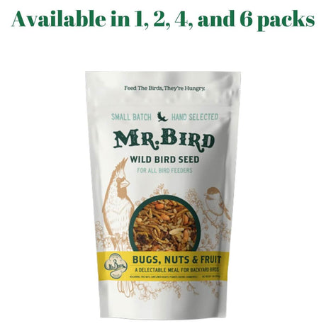 Mr. Bird Bugs, Nuts, & Fruit wild bird seed bag available in 1, 2, 4, and 6 packs.