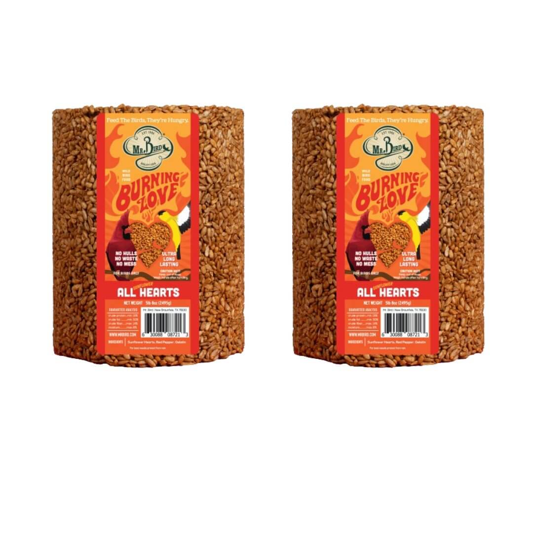 Mr. Bird Burning Love Large Cylinder, a bird food product with spicy ingredients to repel squirrels and attract birds.