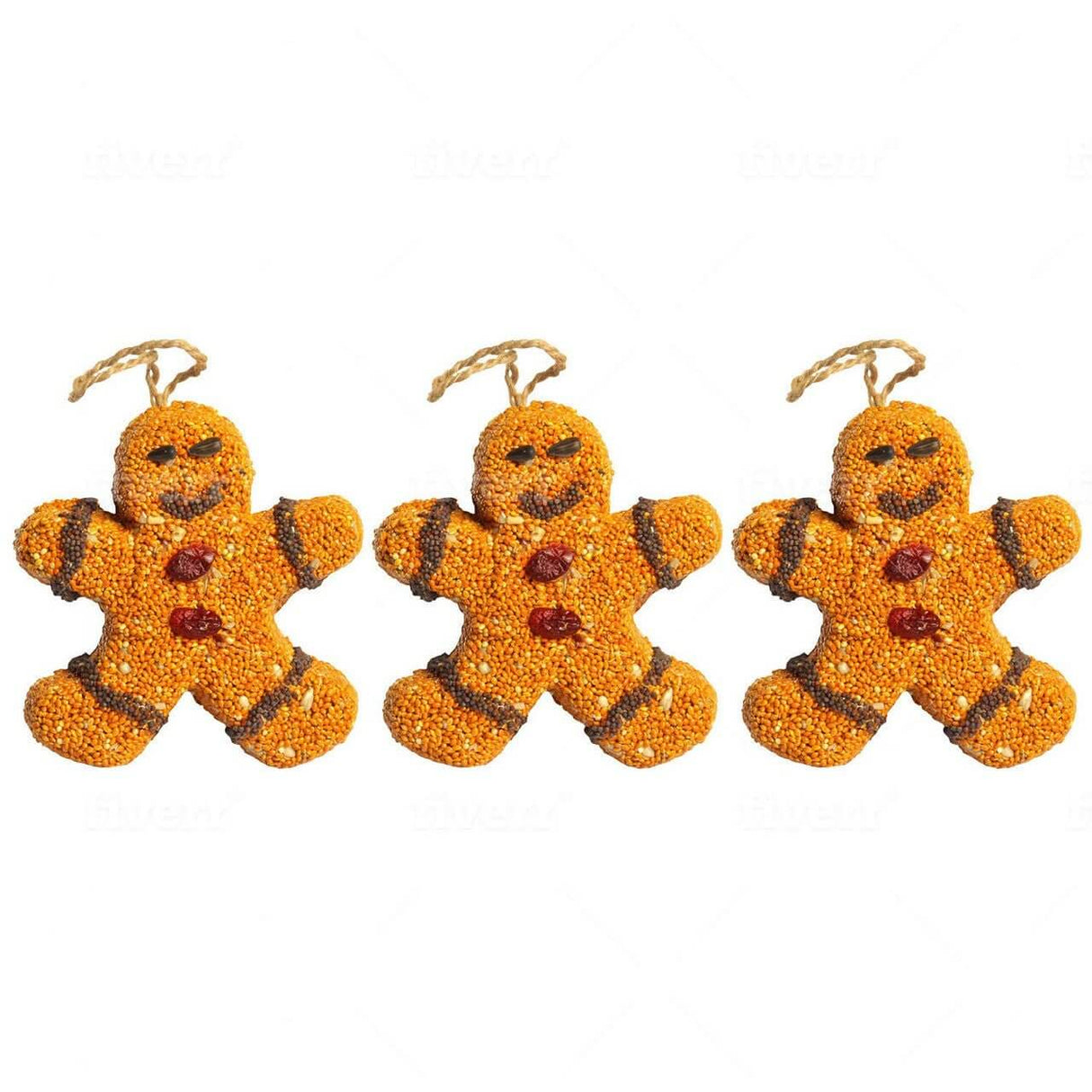 Pack of 3 Gingerbread Men bird seed ornaments made of red millet, sunflower hearts, and cranberries, perfect gift for bird lovers.