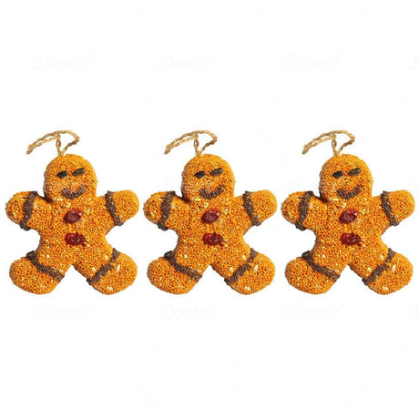 Pack of 3 Gingerbread Men bird seed ornaments made of red millet, sunflower hearts, and cranberries, perfect gift for bird lovers.