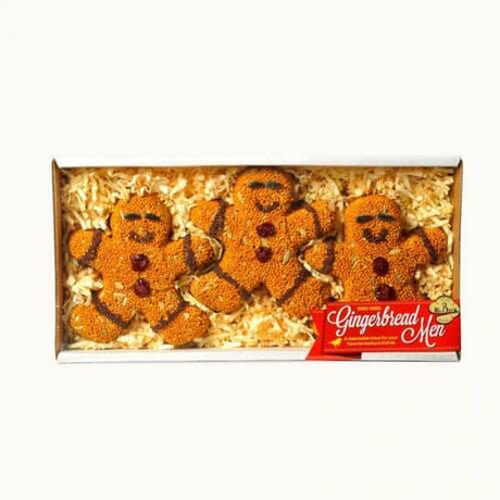 Pack of 3 Mr. Bird Seed Gingerbread Men made of red millet, sunflower hearts, and cranberries - perfect gift for bird lovers, featured in "O" magazine.