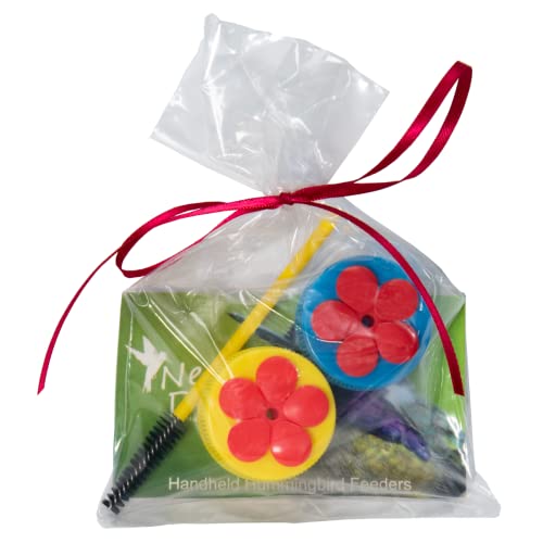 Nectar DOTs Hummingbird Feeder Kit in a gift bag with yellow/red and blue/red feeders, perfect for bird lovers.