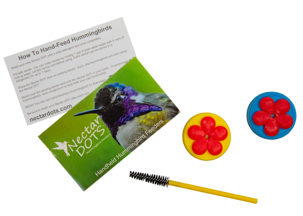 Nectar DOTs Hummingbird Feeder Kit includes instructions and colorful feeders in yellow/red and blue/red.