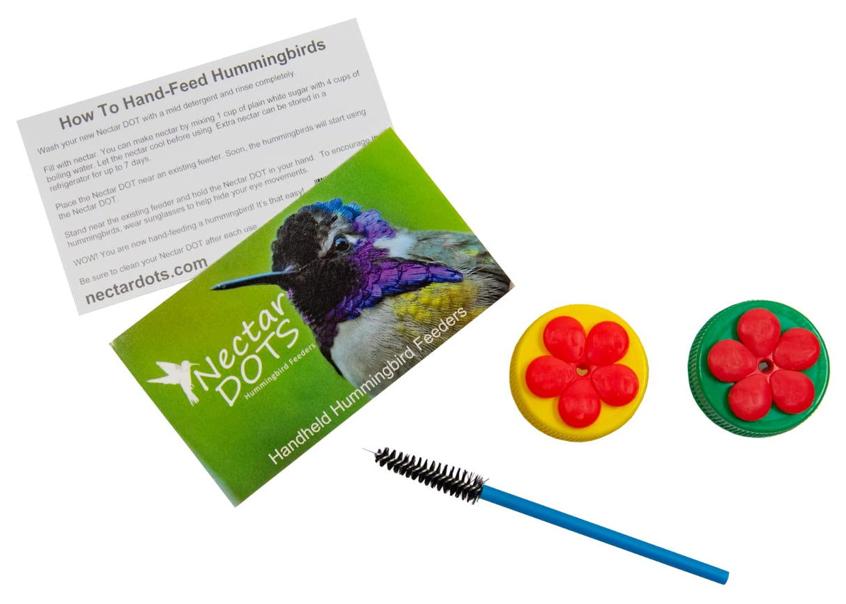 Nectar DOTs Hummingbird Feeder Kit with two feeders, cleaning brush, and instructions for hand-feeding hummingbirds.