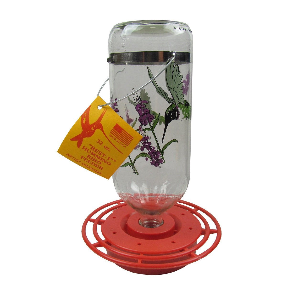 Original Best-1 bee proof Black Chinned Glass Hummingbird Feeder with red base and 32 oz decorated bottle featuring 8 feeding ports
