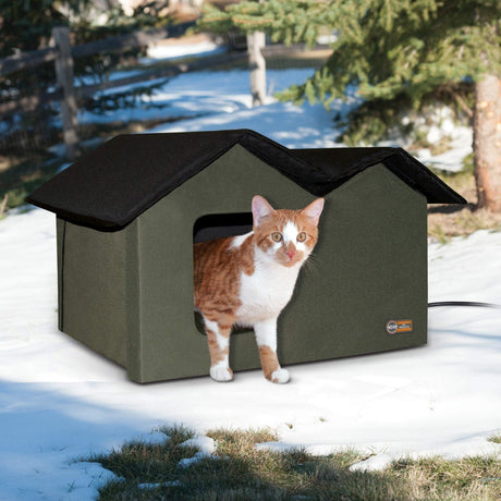Outdoor Heated Kitty House Extra Wide Olive/Black with cat for warmth and safety during winter.