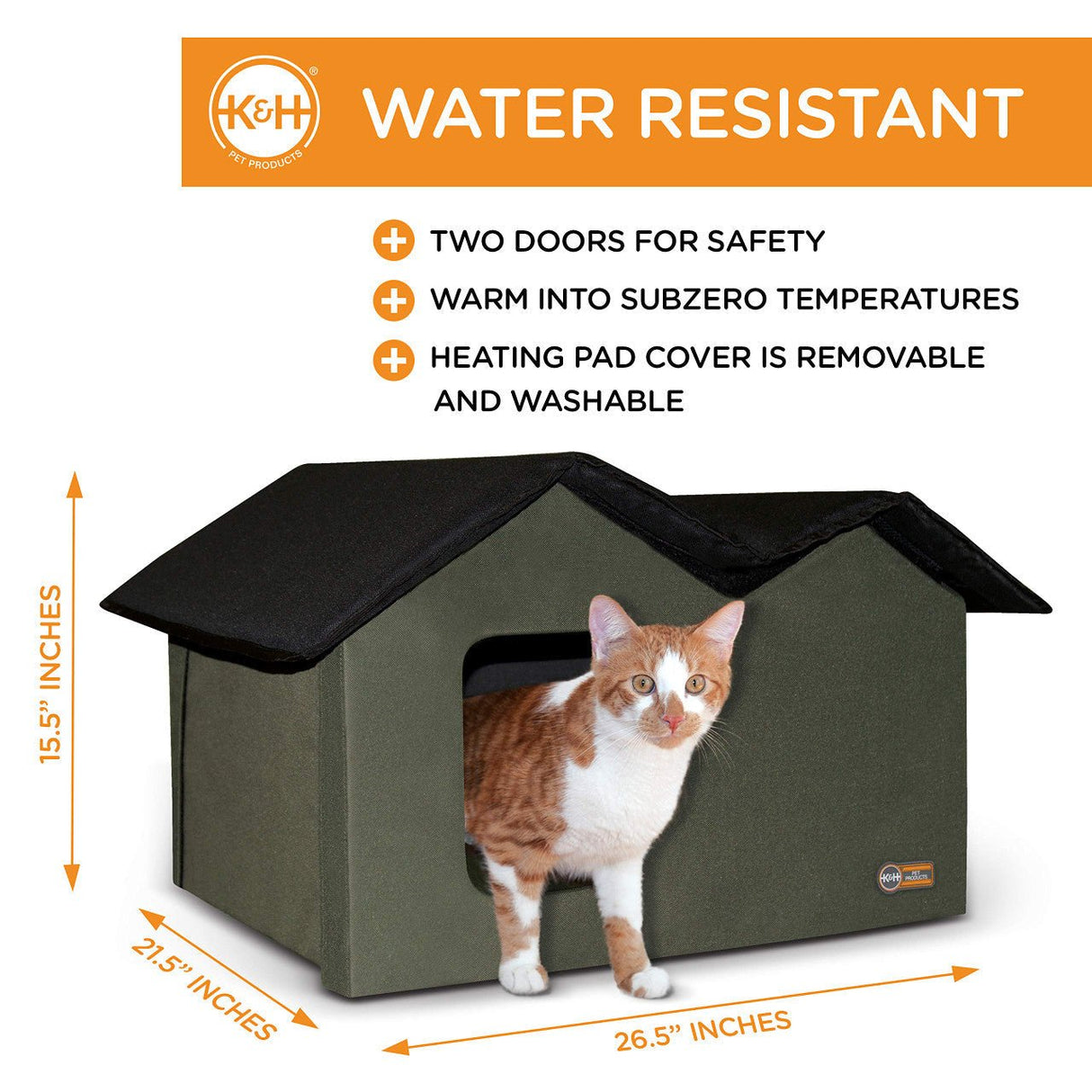 Outdoor Heated Kitty House Extra Wide Olive/Black K&H 3973 with cat inside, features water-resistant material and two doors for safety