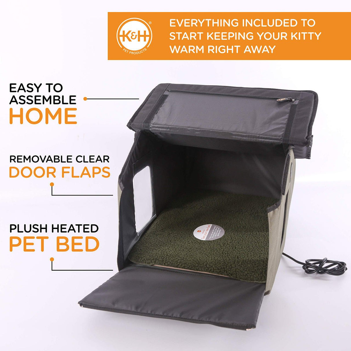 Outdoor Heated Kitty House Extra-Wide in Olive/Black by K&H with easy assembly, removable door flaps, and plush heated pet bed.