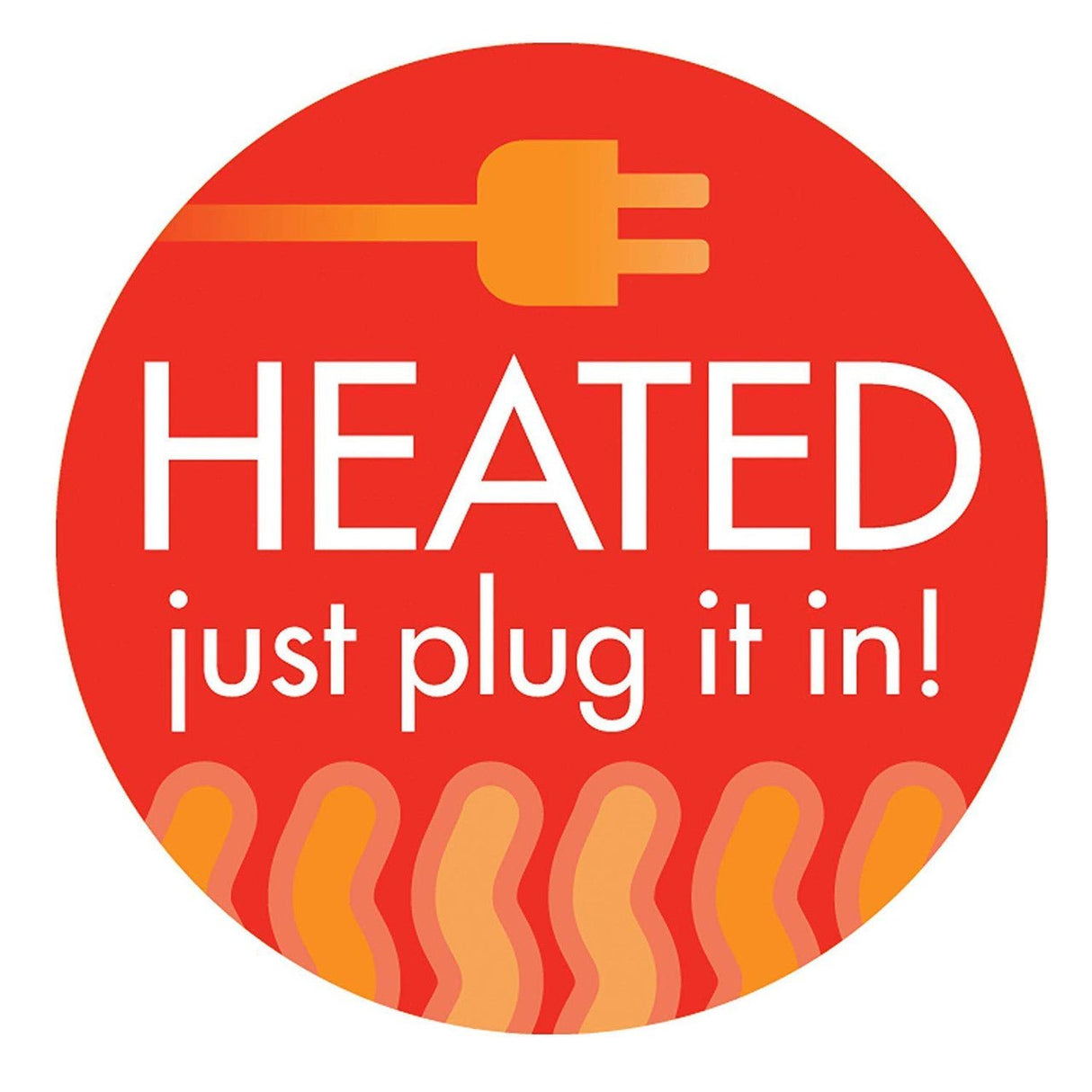 Heated icon with electric plug and text saying "HEATED just plug it in!" in red and orange.
