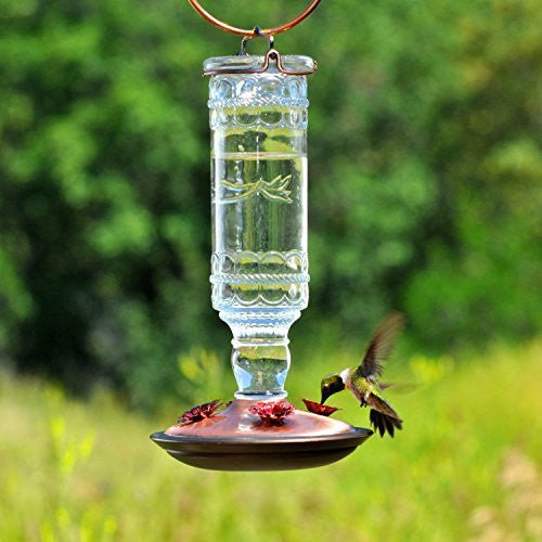 Antique bottle glass hummingbird feeder with 10-ounce nectar capacity and four feeding ports, metal hanger, and a hummingbird feeding.