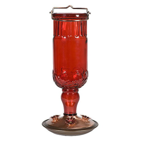 Perky-Pet Red Antique Glass Bottle Hummingbird Feeder with 24 oz capacity and decorative feeding ports