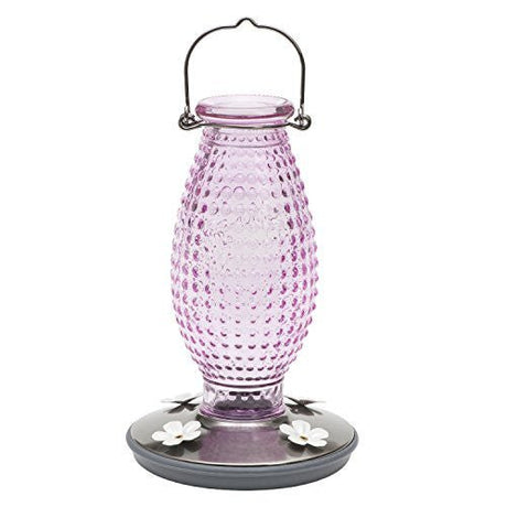 Vintage-style cranberry hobnail glass hummingbird feeder with 16 oz. nectar capacity and 4 daisy-style feeding ports.