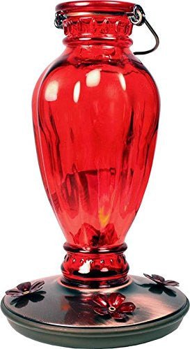 Perky-Pet 8133 Red Daisy Vase Vintage-Style Glass Hummingbird Feeder with copper-finished lid and 4 flower-shaped feeding ports.