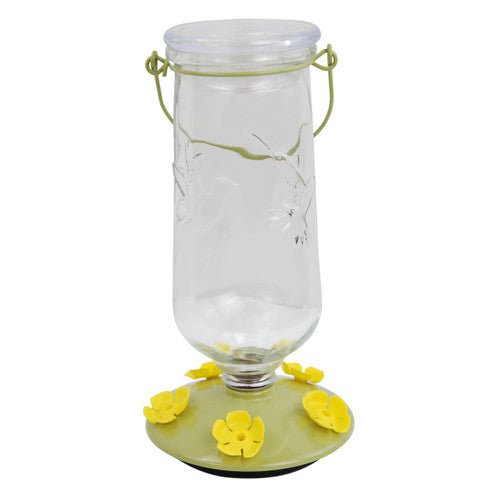 Perky-Pet 9108 Desert Bloom Top-Fill Glass Hummingbird Feeder 32 oz with yellow flower accents and wide-mouth opening.