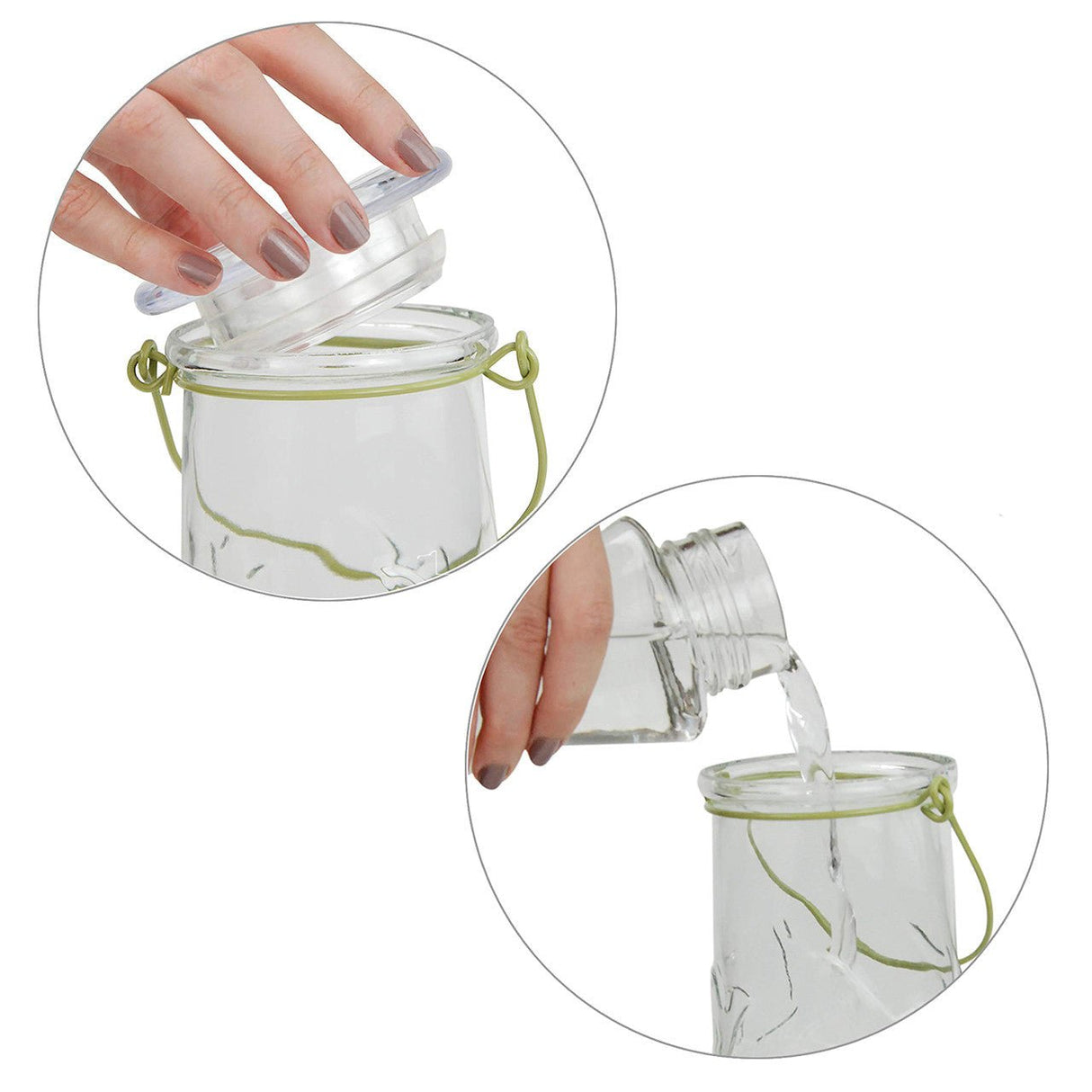 Demonstrating the top-fill feature of the Perky-Pet 9108 Desert Bloom Glass Hummingbird Feeder with wide-mouth opening.