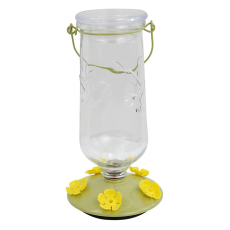 Perky-Pet Desert Bloom Top-Fill Glass Hummingbird Feeder with yellow flower accents and a wide-mouth opening, 32 oz capacity