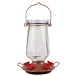 Perky-Pet 9109 Crystal Top-Fill Glass Hummingbird Feeder, 28 oz, wide-mouth opening, copper base with red feeding ports.
