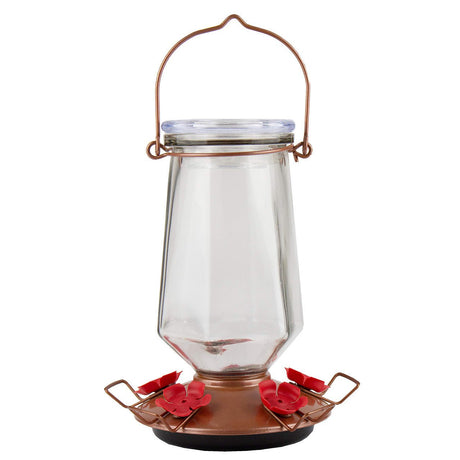 Perky-Pet 9109 Crystal Top-Fill Glass Hummingbird Feeder, 28 oz, wide-mouth opening, copper base with red feeding ports.