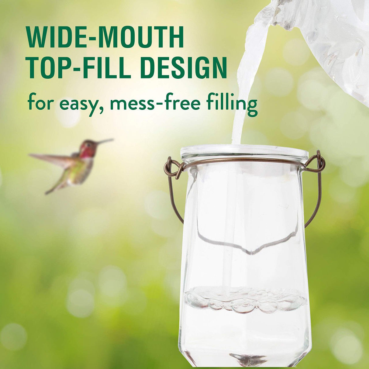 Wide-mouth top-fill hummingbird feeder with easy, mess-free filling and flying hummingbird, emphasizing convenience and vintage design.