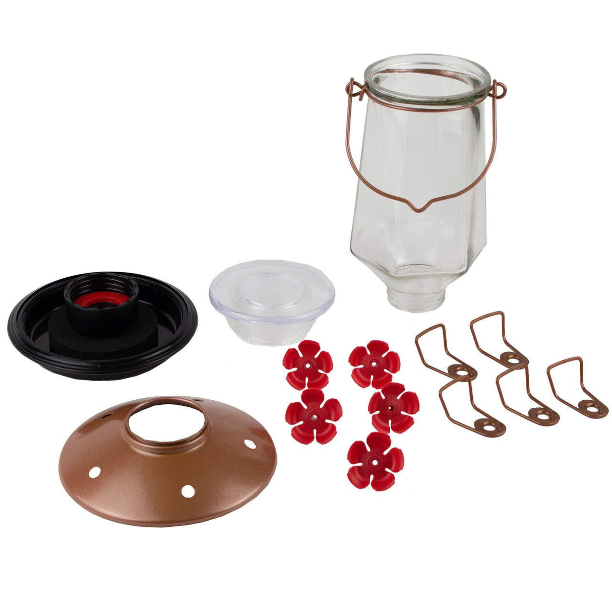 Parts of the Perky-Pet 9109 Crystal Top-Fill Glass Hummingbird Feeder, including glass bottle, lid, base, and flower feeding ports.