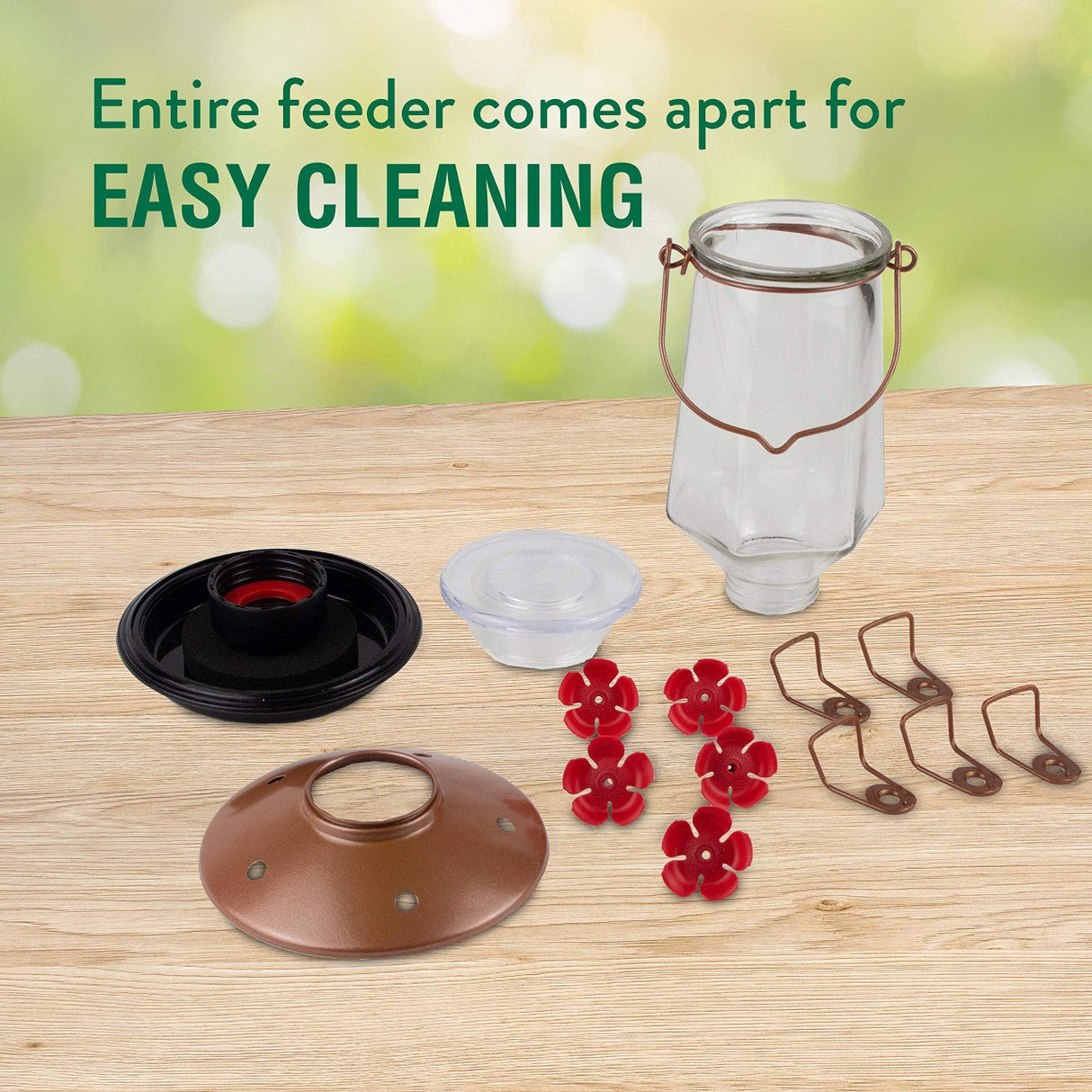 Perky-Pet Crystal Top-Fill Glass Hummingbird Feeder disassembled for easy cleaning