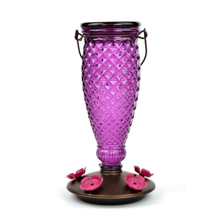 Perky-Pet Diamond Wine Top-Fill Glass Hummingbird Feeder 24 oz, purple glass with wide-mouth opening and four red feeding ports