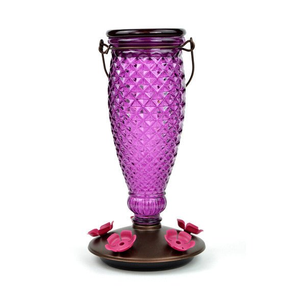 Perky-Pet Diamond Wine Top-Fill Glass Hummingbird Feeder 24 oz, purple glass with wide-mouth opening and four red feeding ports