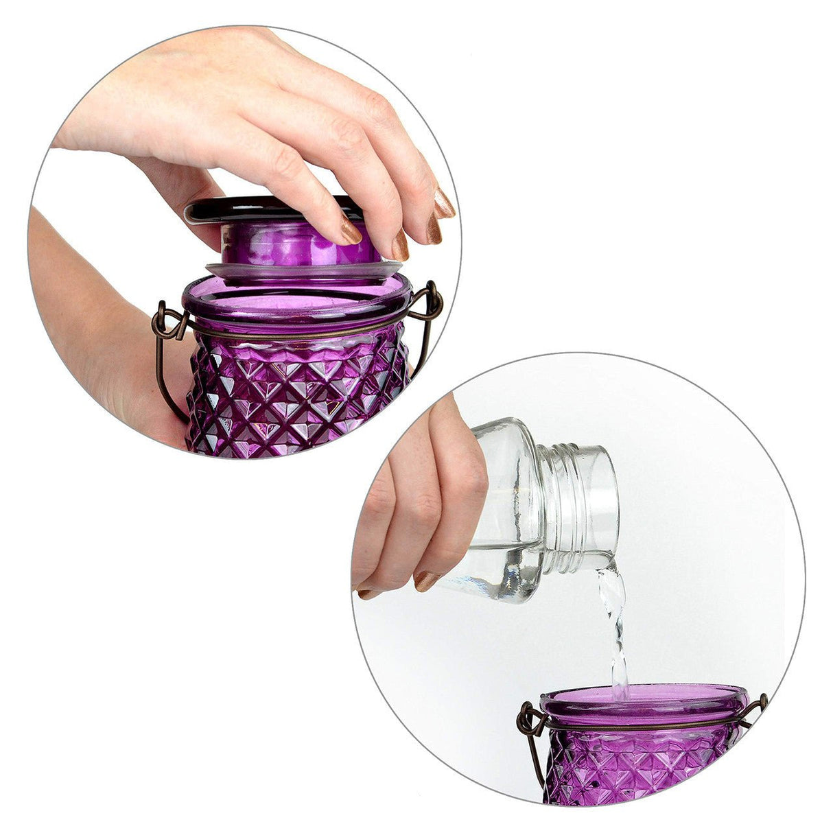 Filling the Perky-Pet Diamond Wine Top-Fill Glass Hummingbird Feeder with nectar through the wide-mouth opening.
